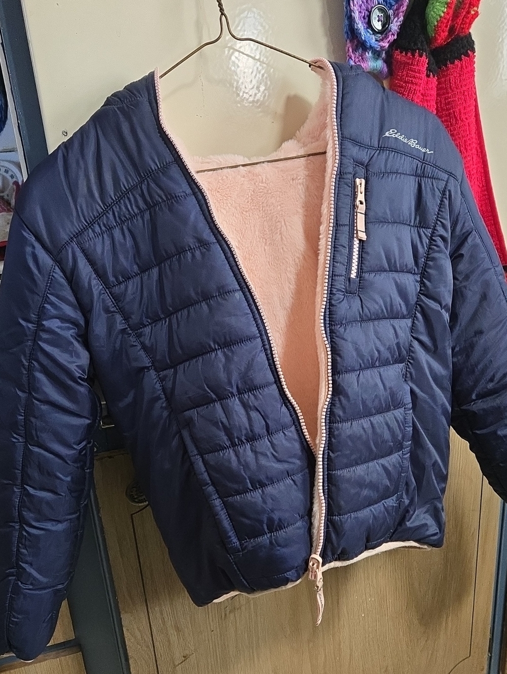 Eddie Bauer Navy Quilted Puffer with Pink Lining